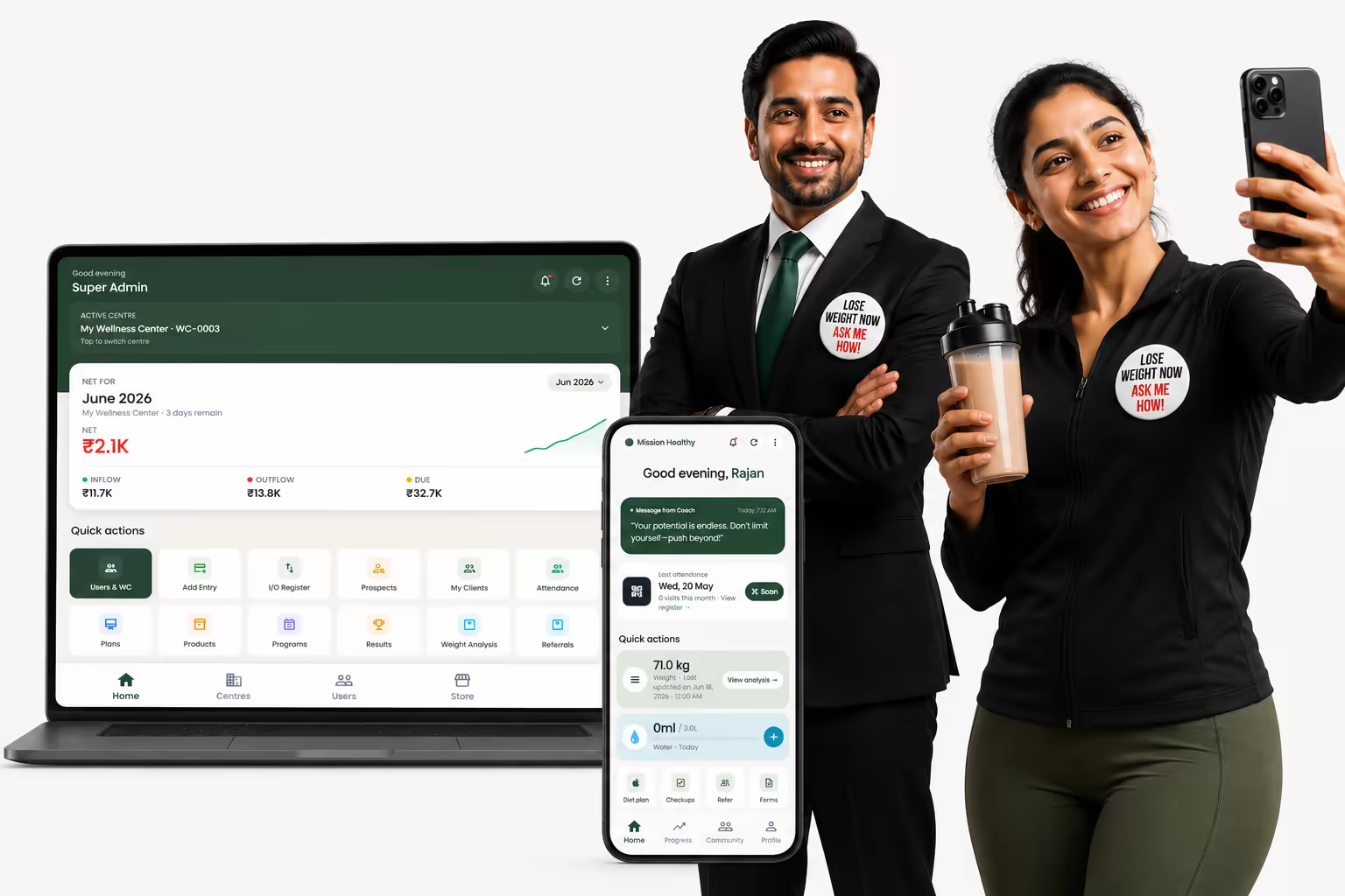 WellnessCoach Platform dashboard on laptop and mobile app, used by wellness coaches